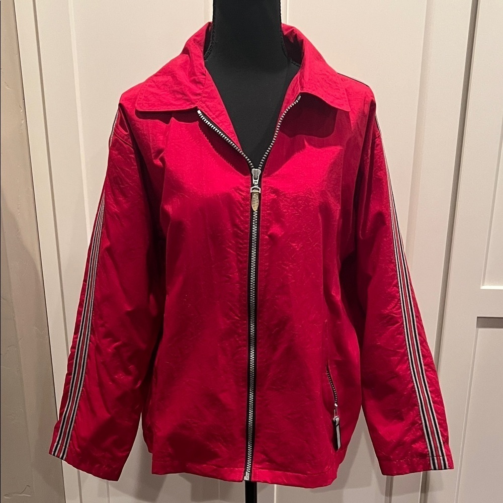 Vintage 90’s EXPRESS Red Bomber Skater Jacket with Striped Sleeves Size M